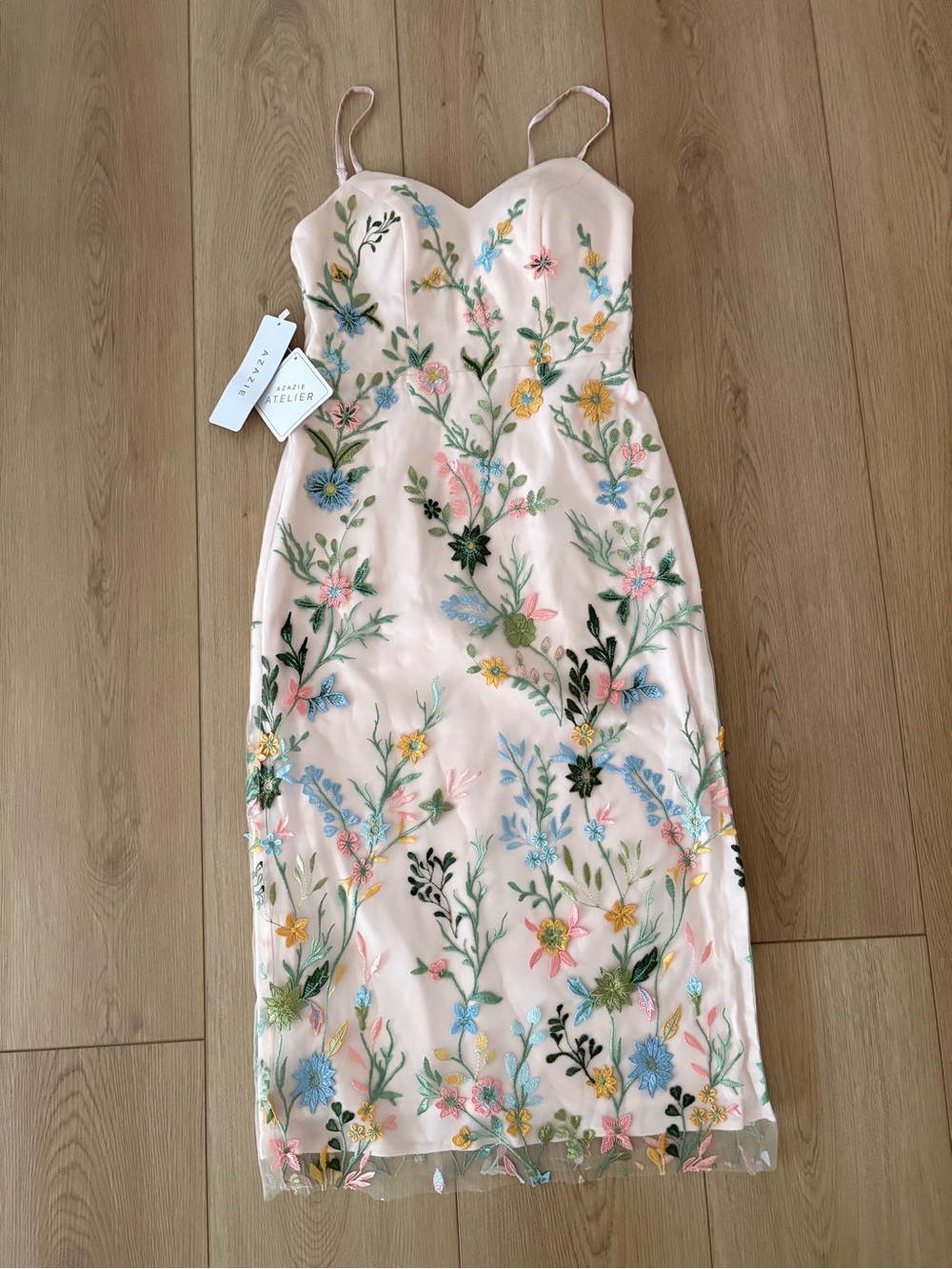 NWT Azazie Atelier Delphine Floral Embroidered Midi Dress Blush Pink Size 6